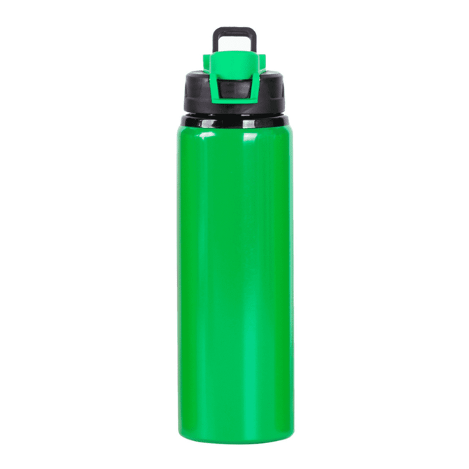 A green drink bottle with a black lid and handle, featuring a logo on the side.