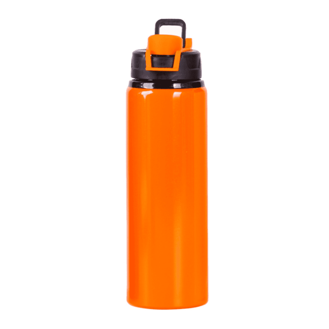 An orange drink bottle with a black lid and carrying handle, featuring a logo on the side.