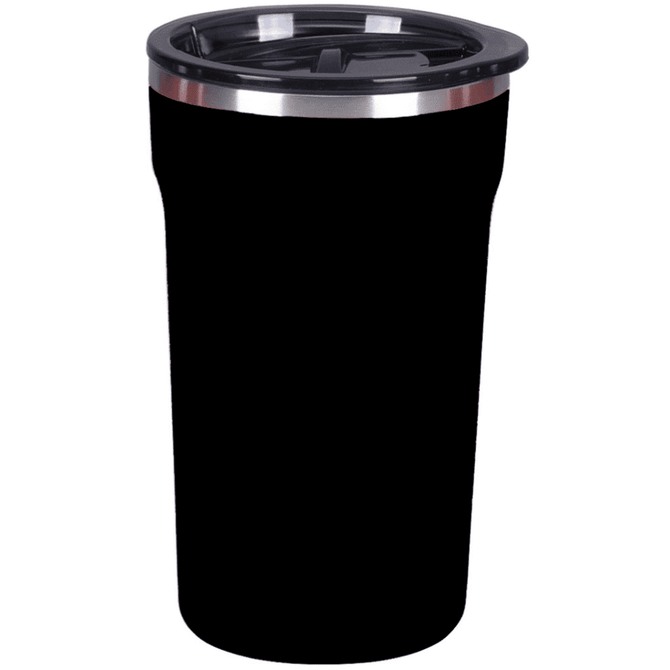 A drink bottle in matte black with a stainless steel rim and a black lid, featuring a logo.