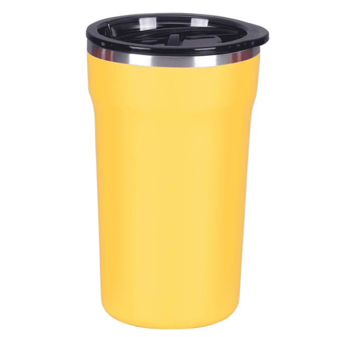 A coffee mug in vibrant yellow with a black lid and a stainless steel rim. Features a logo on its body.