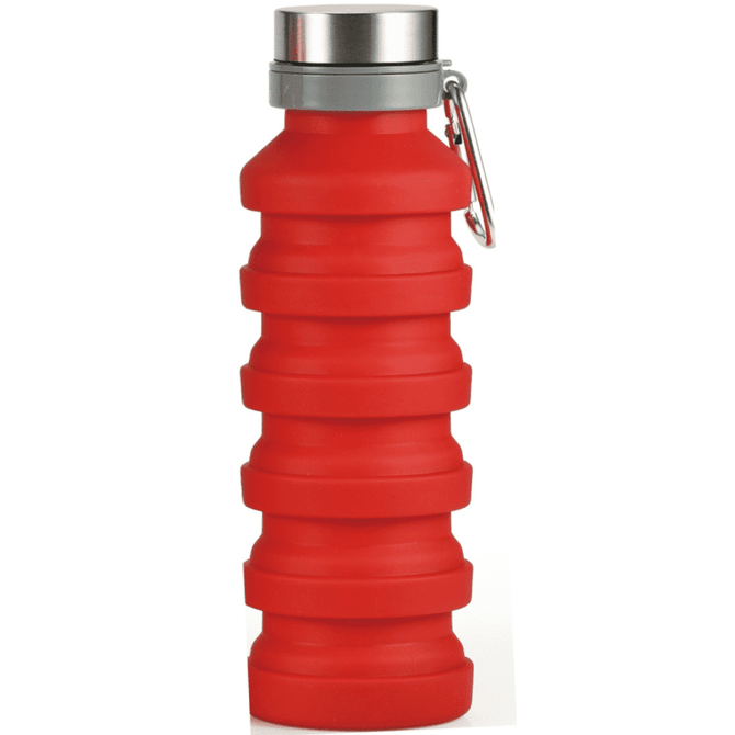 A drink bottle featuring a collapsible red silicone design with a stainless steel cap and a metal carabiner.