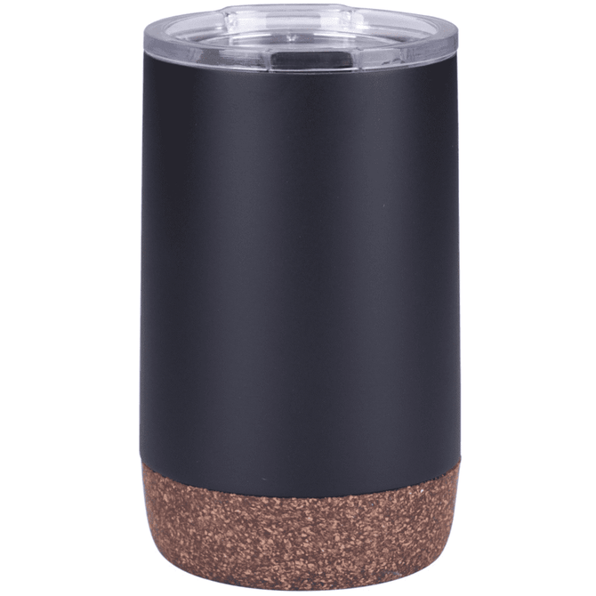 A black drink bottle with a cork base and a clear lid, featuring a logo on the side.