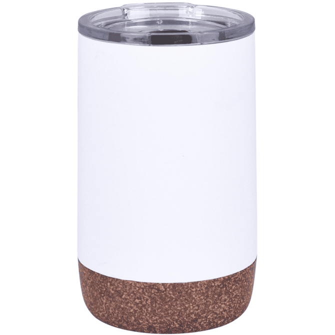A white coffee mug with a cork bottom and a transparent lid, featuring a logo.