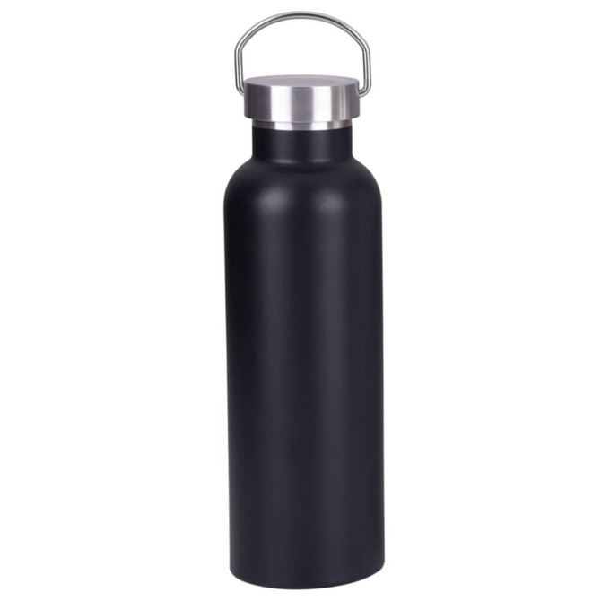 A drink bottle in matte black with a stainless steel lid and a metal handle. Features a simple, sleek design.