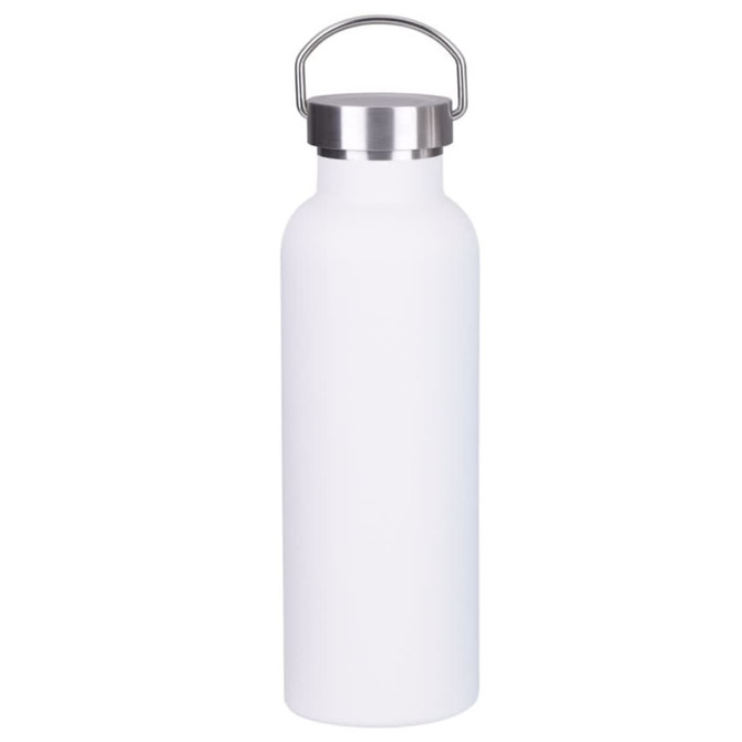 A drink bottle in white with a stainless steel lid and carry handle, featuring a logo.