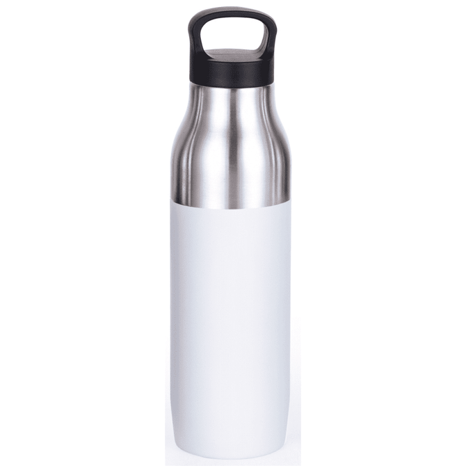 A drink bottle featuring a stainless steel body with a white lower section and a black handle. It has a logo on the front.