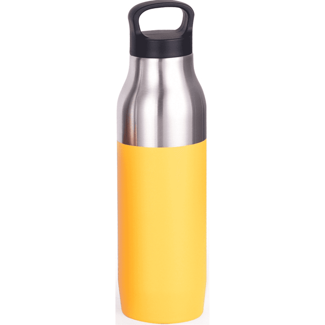 A drink bottle featuring a stainless steel upper and a bright yellow lower section, with a handle on top.