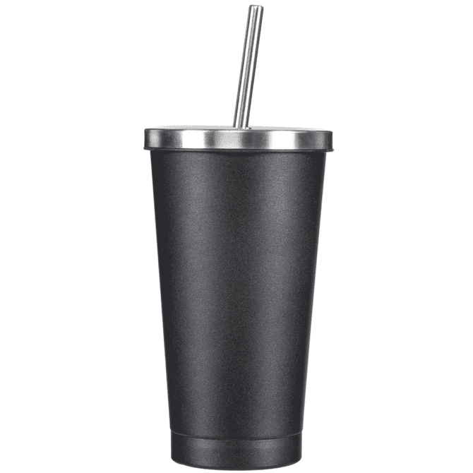 A drink bottle in matte black with a stainless steel lid and straw, featuring a sleek cylindrical design.
