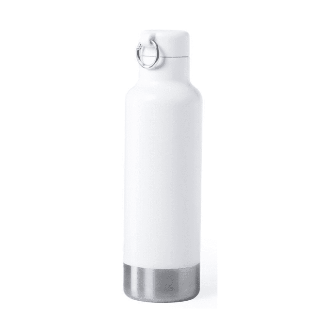 A drink bottle in white with a stainless steel bottom and a ring for attachment. It features a sleek, modern design.