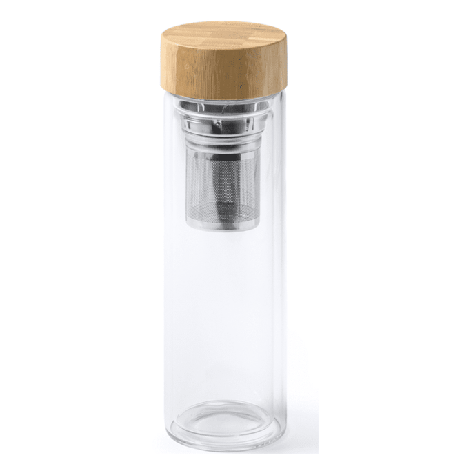 A drink bottle with a clear glass body, a stainless steel infuser, and a bamboo lid.
