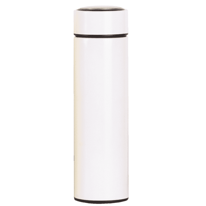 A drink bottle in white with a black lid, featuring a sleek design and a brand logo.