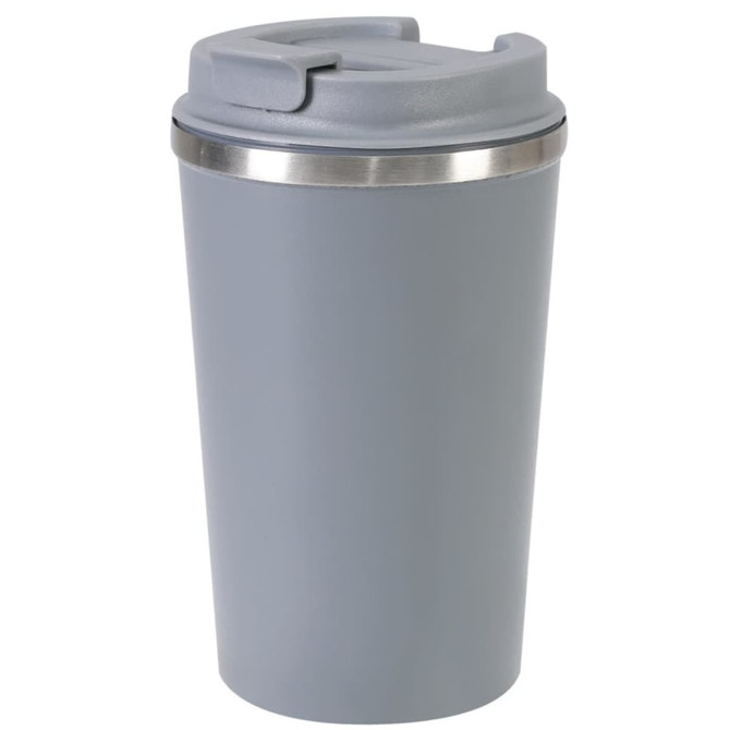 A grey plastic tumbler with a silver band and a lid for easy drinking, featuring a logo.