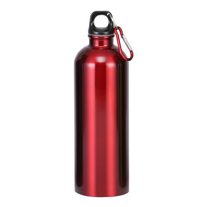 A drink bottle in a shiny red finish with a black top and a metal carabiner. Features a simple design with a logo.