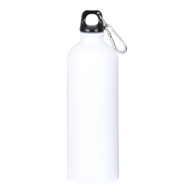 A drink bottle in white with a black lid and attached silver carabiner. Features a branding logo.