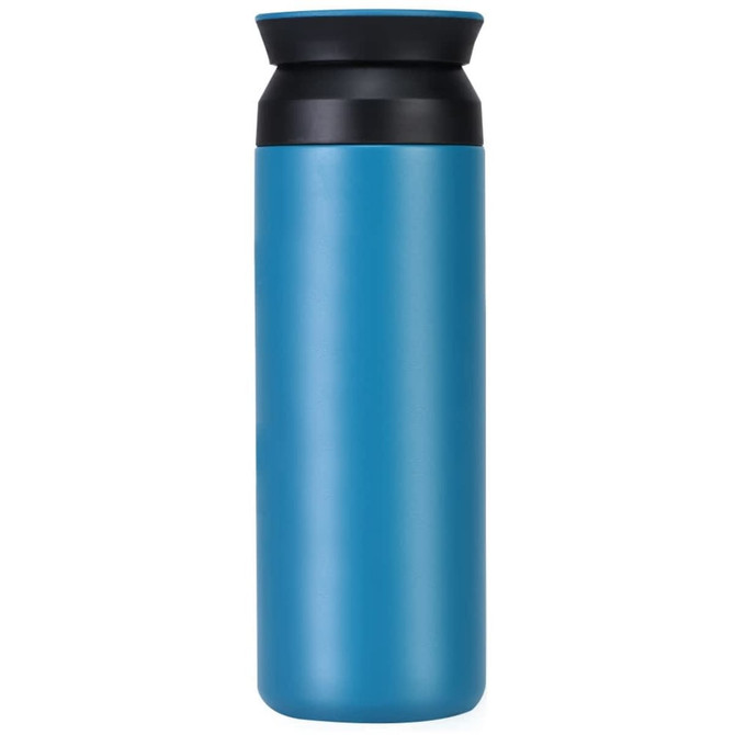 A drink bottle in a vibrant blue colour with a black lid and a sleek design. It features a logo on the side.