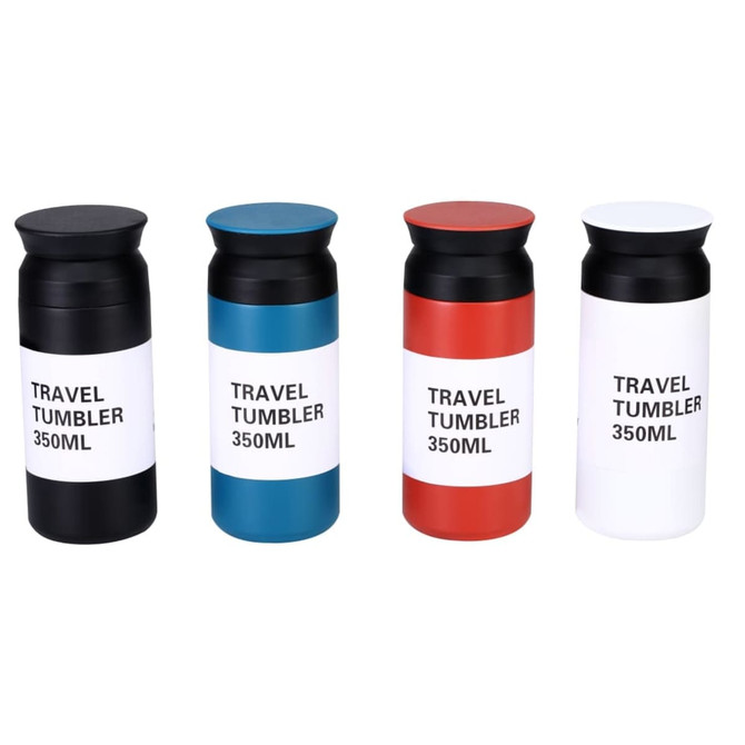 A drink bottle collection featuring black, blue, red, and white tumblers, each marked with a logo and volume.