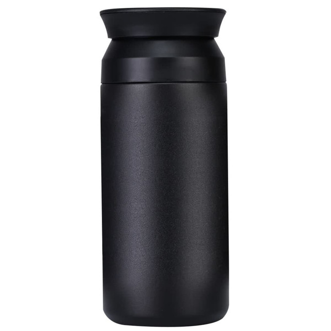 A drink bottle in matte black with a wide mouth and a rounded top, featuring a logo on its side.
