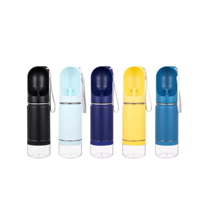A drink bottle collection featuring black, light blue, navy, and yellow designs, each with a secure cap and branding.