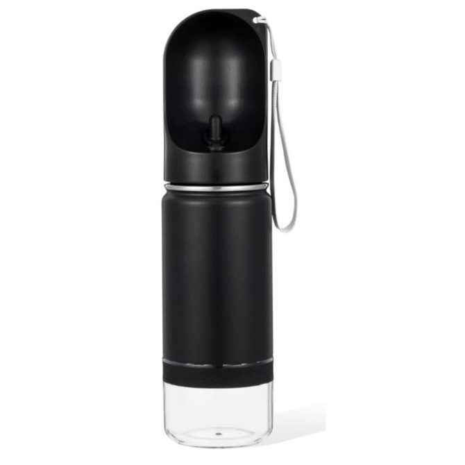 A drink bottle in sleek black with a clear lower section and a lid featuring a carrying strap.