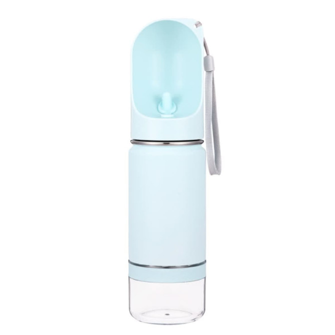 A drink bottle in light blue with a clear bottom section and a flexible, transparent top. It features a strap and a logo.