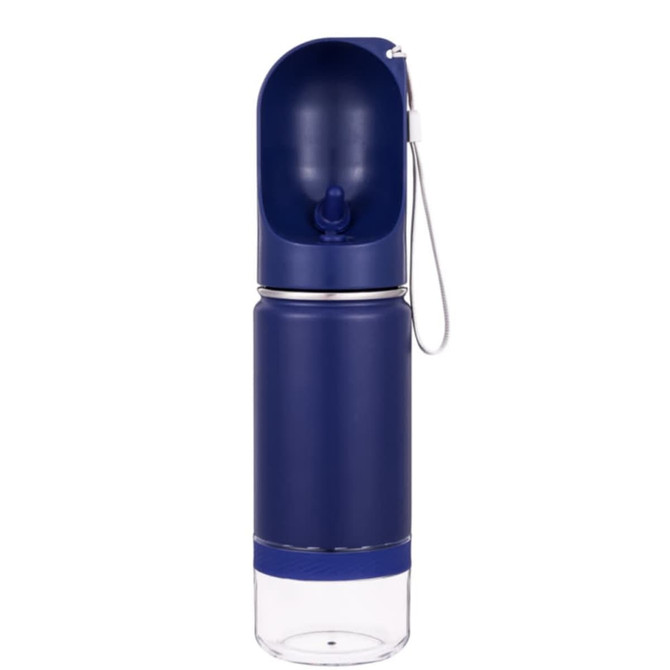 A drink bottle in navy blue with a clear base, featuring a flip-top lid and a logo on the side.
