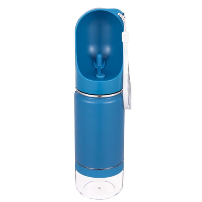A drink bottle in teal and clear, featuring a funnel top and a wrist strap for easy carrying.