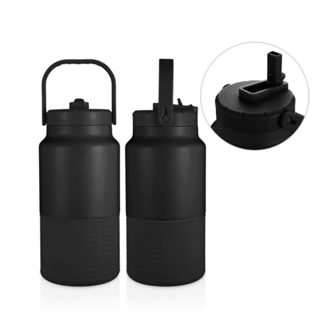 A drink bottle in matte black with a carry handle and a spout. It features a logo on the side.