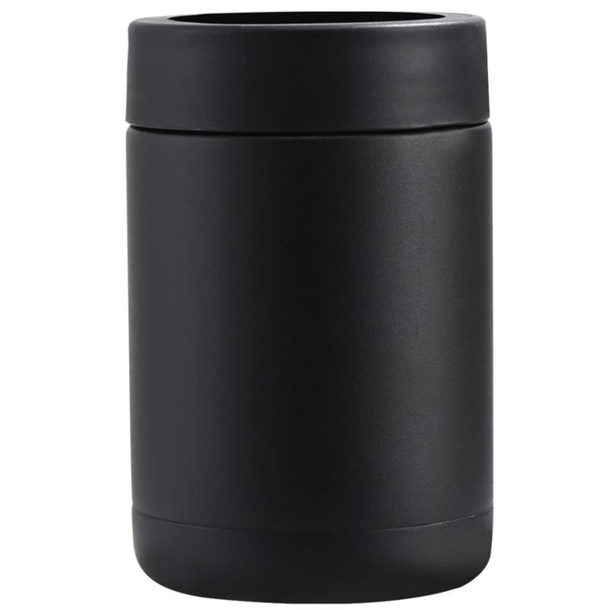 A drink bottle in matte black with a sleek cylindrical design and a fitted lid. It features a logo.