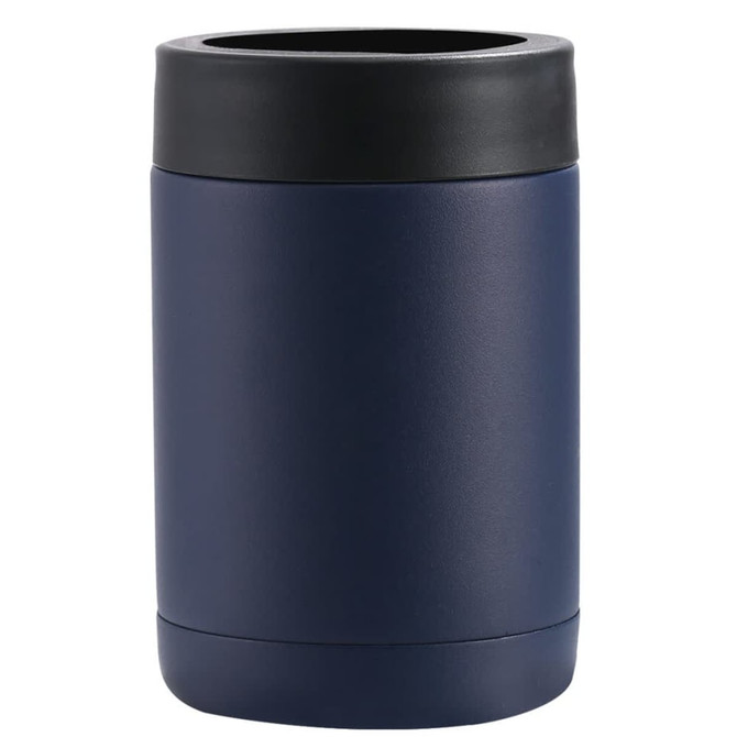 A drink bottle in navy blue with a black lid and a smooth finish. It features a logo on the body.
