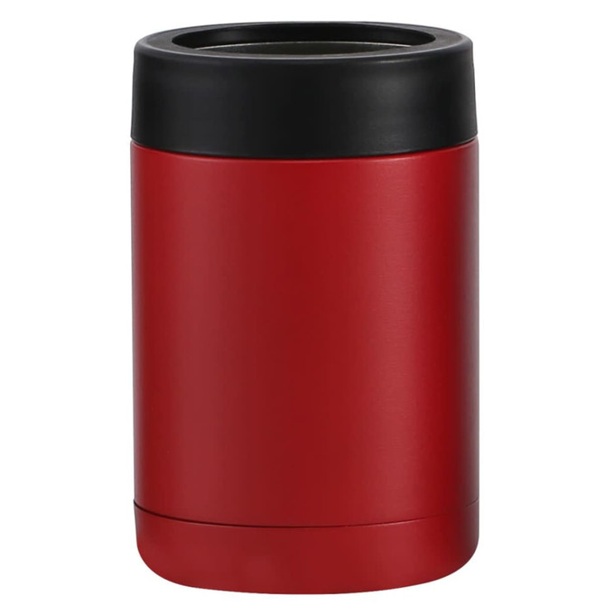 A drink bottle in red with a black lid, featuring a simple cylindrical design and a logo on the side.