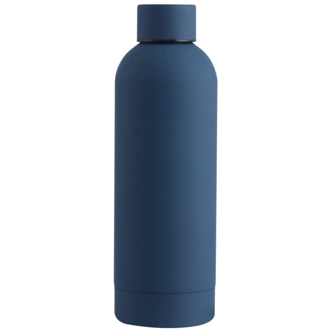 A drink bottle in a matte navy blue finish, featuring a simple design and a screw-top lid.