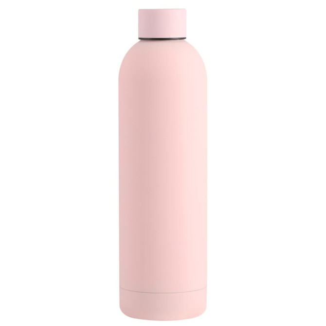 A drink bottle in soft pink with a minimalist design and a matching screw-top lid. It features a logo.