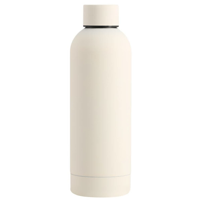 A drink bottle in a sleek cream colour with a smooth finish and a removable cap, featuring a logo.