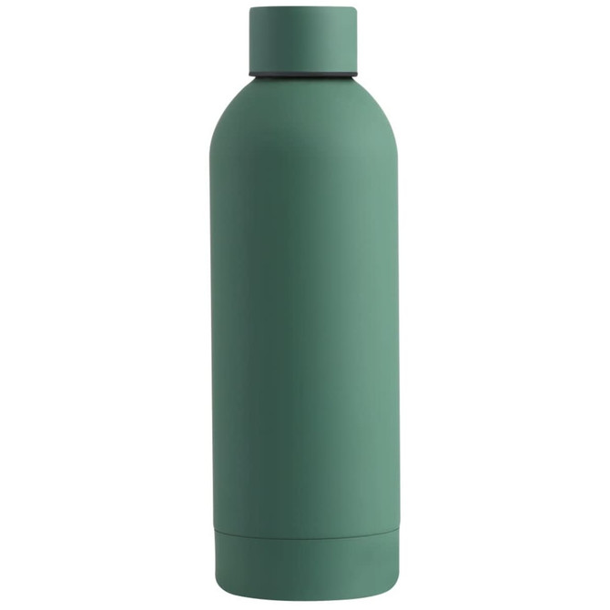 A drink bottle in matte green with a sleek, minimalist design and a visible logo.