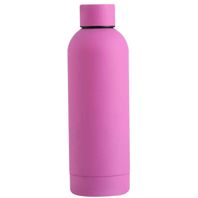 A drink bottle in vibrant pink with a smooth finish and a secure lid, featuring a logo on the side.