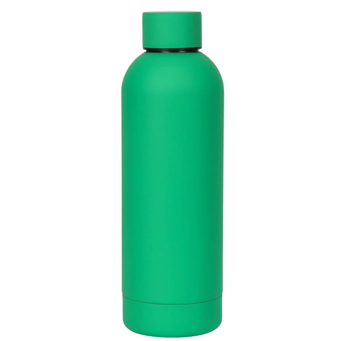 A drink bottle in a vibrant green colour with a sleek design and a black lid, featuring a logo.