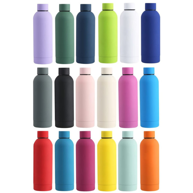 A drink bottle collection featuring various colours, including purple, green, white, blue, pink, and orange, with logos.