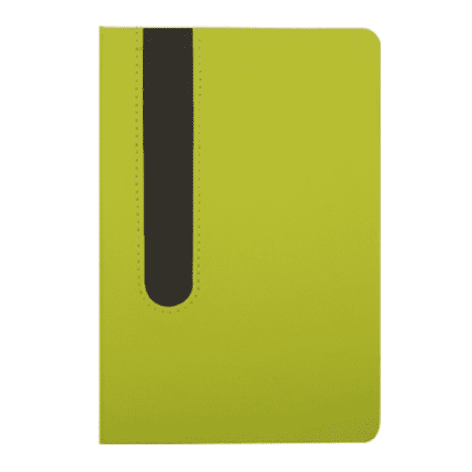 A green notebook with a black cutout design on the front cover. It has a sleek and modern appearance.