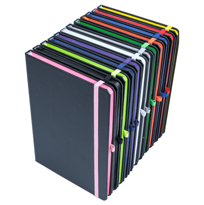 A stack of notebooks in various colours including black, white, green, blue, and pink, bound with elastic bands.