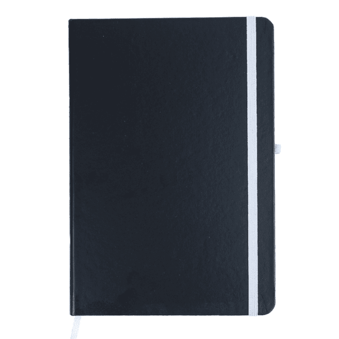A dark navy notebook with a white elastic band closure and a ribbon marker. It features a logo on the cover.