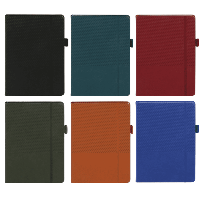 A collection of six notebooks in black, teal, burgundy, olive green, orange, and blue, each with a logo.