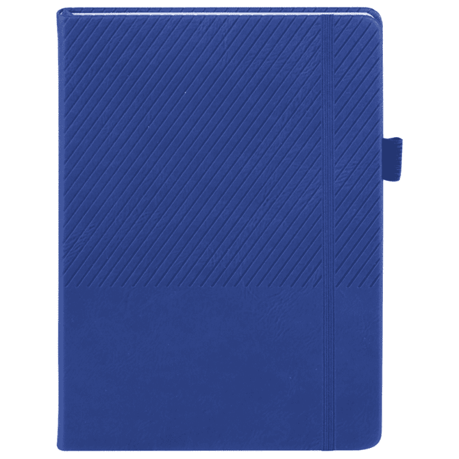 A blue notebook with a textured cover and diagonal lines, featuring an elastic band closure and a side flap.