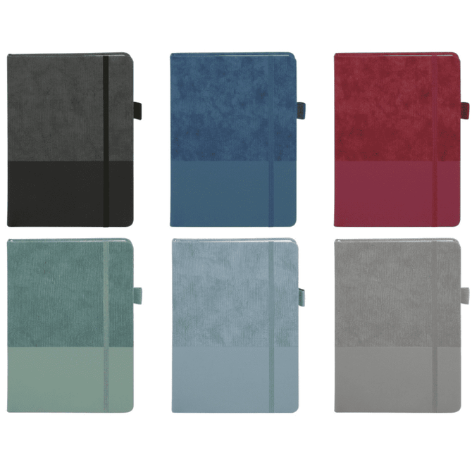 A collection of six notebooks in various colours: black, navy, burgundy, green, light blue, and grey, each with a logo.