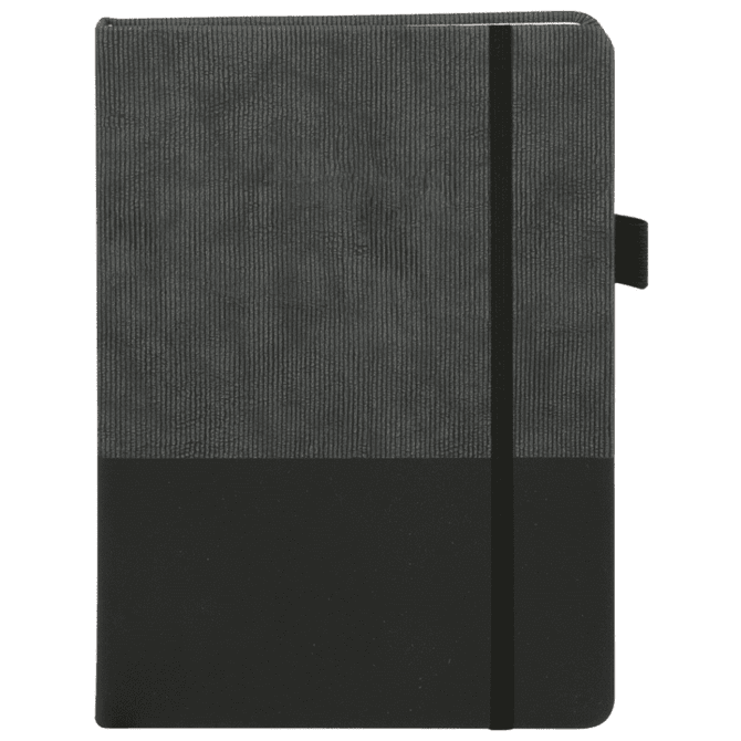 A black and grey notebook with a textured cover and a vertical elastic band closure, featuring a logo.