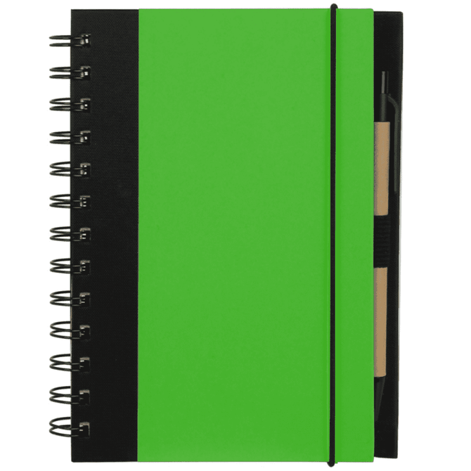 A green notebook with a black spine and elastic closure, featuring a pen holder and several pens.