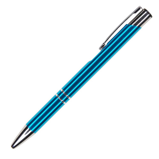 A metal pen in a vibrant blue colour with a shiny chrome clip and detailing. It has a sleek, modern design.