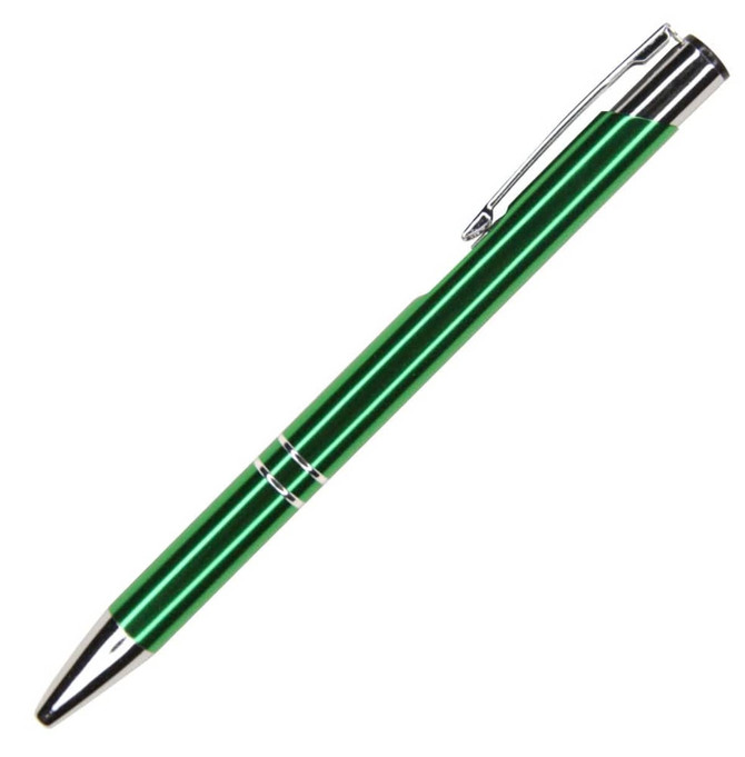 A green metal pen with a silver clip and accents, featuring a sleek, modern design. It has a logo on the body.