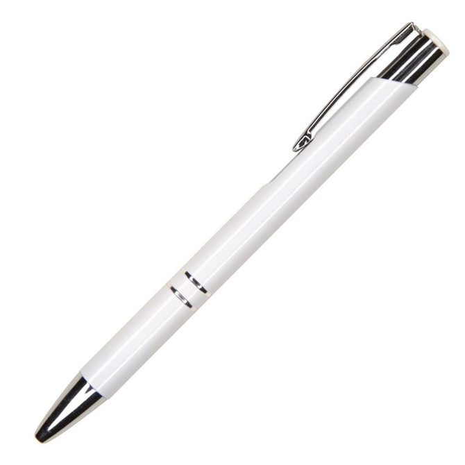 Auzon pen in white with a chrome clip and accents, featuring a sleek design and a brand logo.