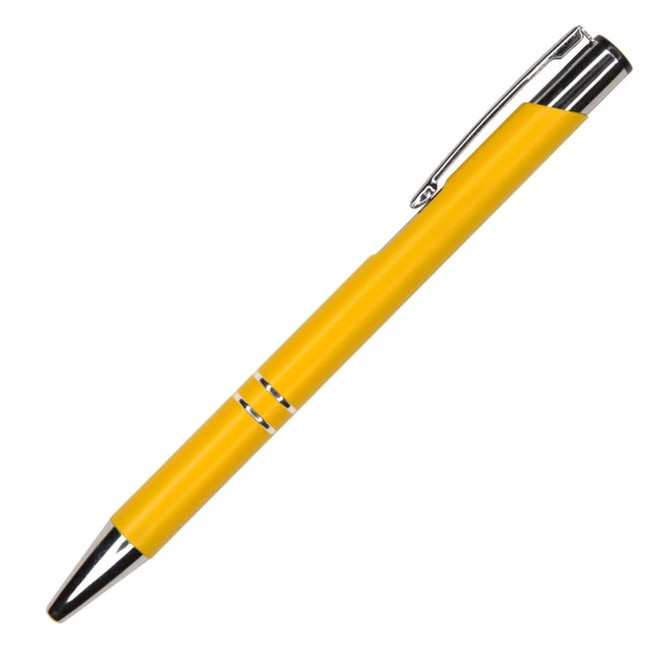 A yellow metal pen with a shiny silver clip and accents. Features a sleek design ideal for writing.