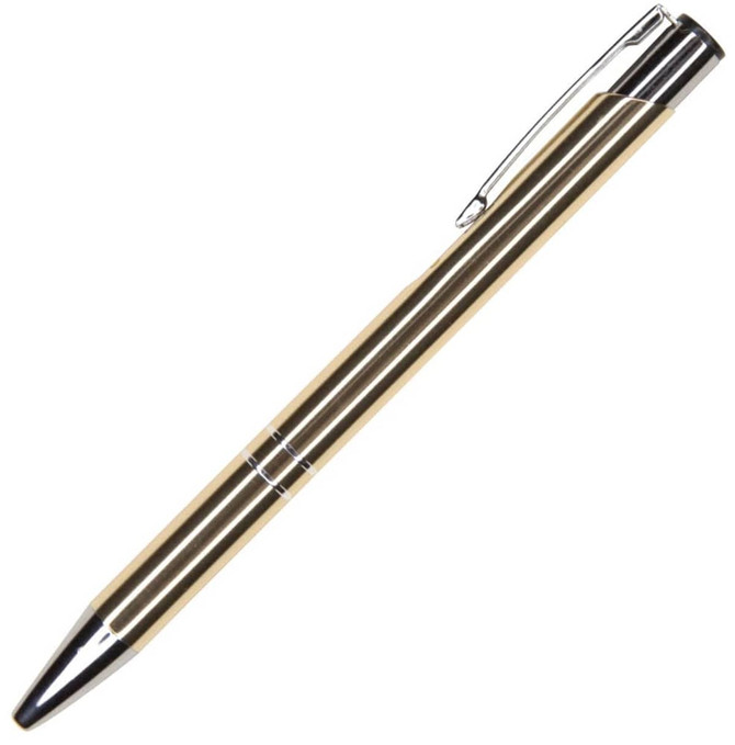 A metal pen featuring a gold barrel and silver accents, complete with a clip and a logo.